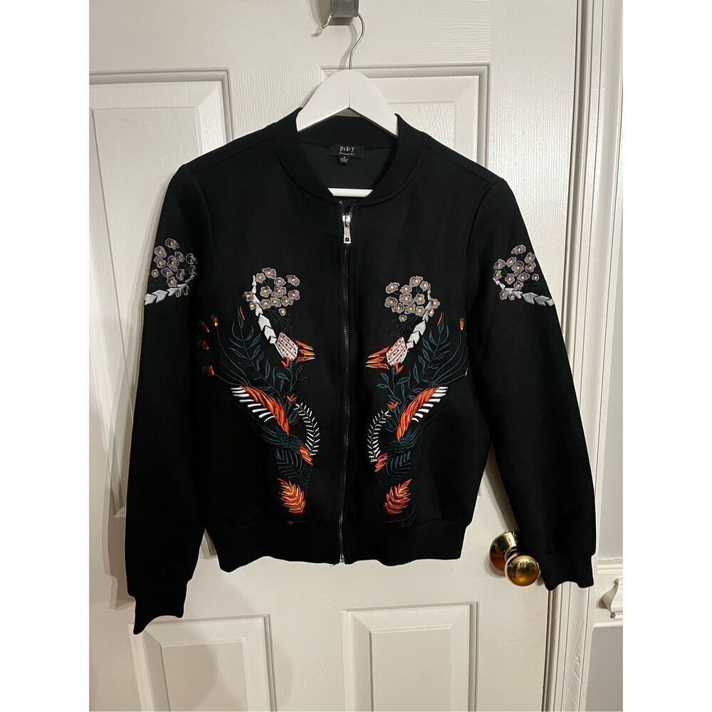 Privy Black Moleskin Asian Style Heavily Embroidered Zip Up Jacket sz M EUC
